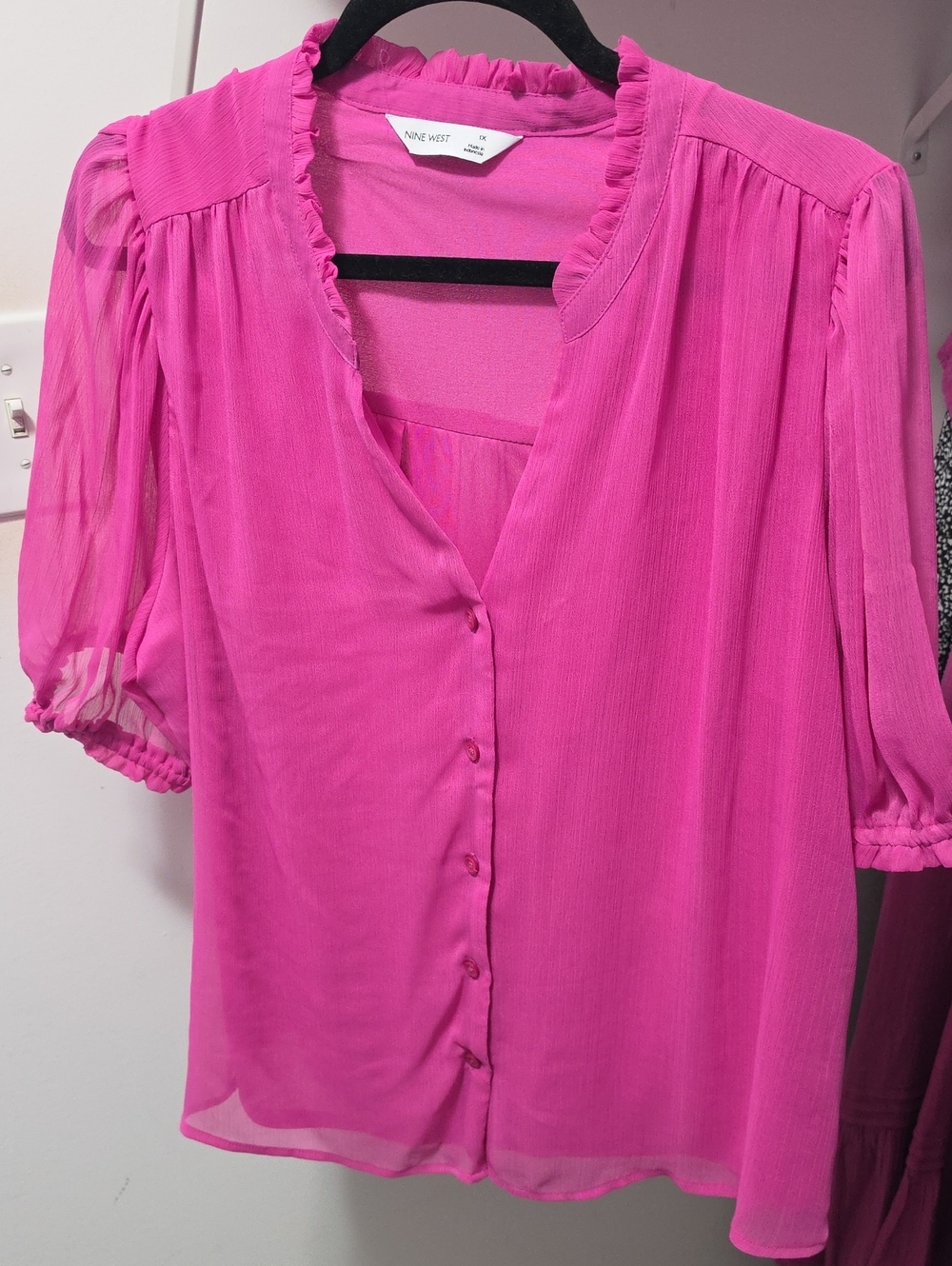Nine West Hot Pink Ruffle-Trim Button Blouse